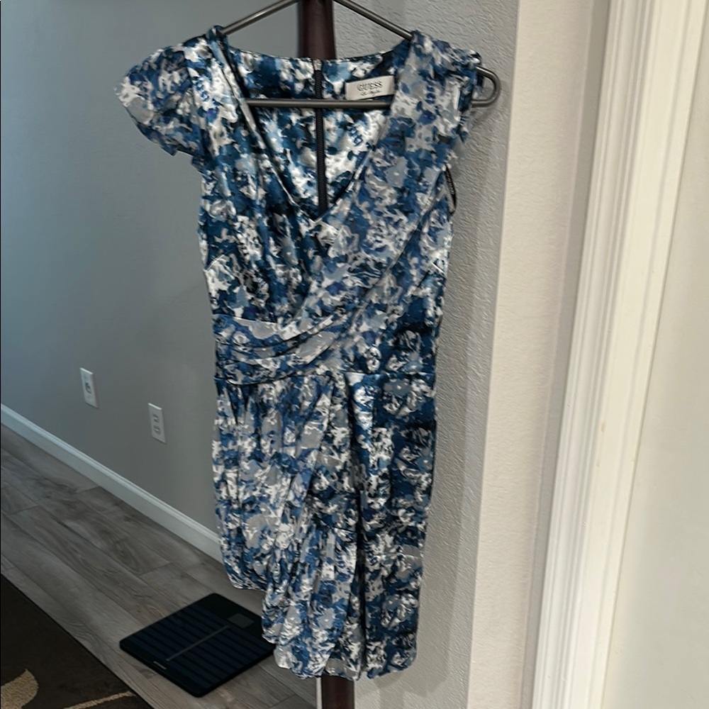 Guess Blue and White Ruched Flutter Sleeve Dress